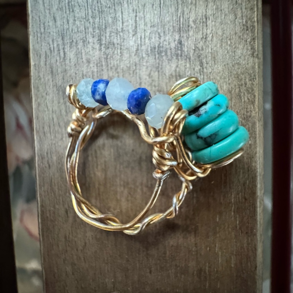 handmade Gold and Turquoise Beaded Ring, lapis and aquamarine stones
